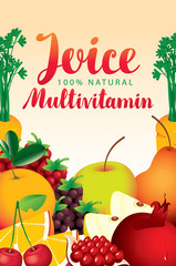 vector label packaging with different fruits and berries and fresh juices multivitamin inscription