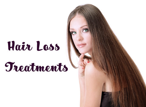 Hair loss treatment concept. Young beautiful woman on white background