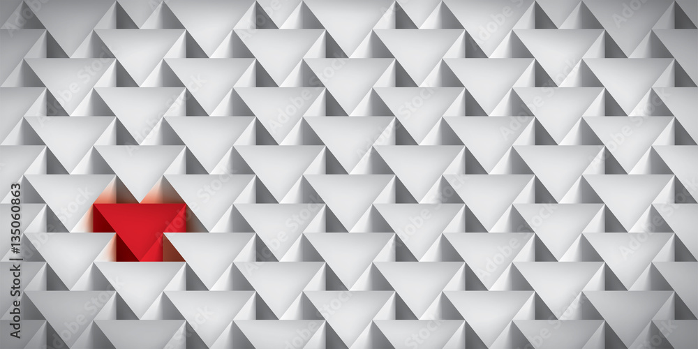 Poster realistic texture, volume triangles, gray geometric pattern with a red insert, vector design 3d wall