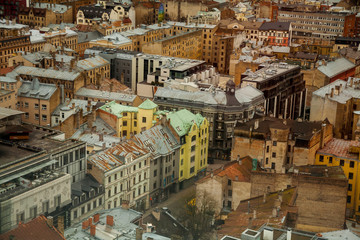 Fototapeta premium Aerial view of Latvia capital city old town Riga seen from hotel room travel Europe Baltic countries destinations