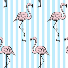 Seamless pattern with pink flamingos. Tropical vector print. Blue stripes background. Pop art style.