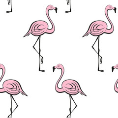 Obraz premium Pink flamingos on a white background. Tropical vector print. Seamless pattern.