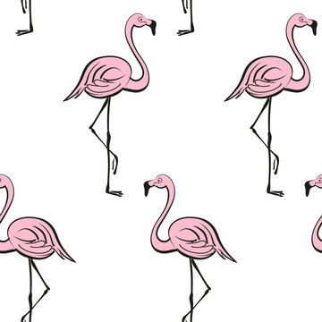 Pink flamingos on a white background. Tropical vector print. Seamless pattern.