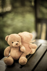 two bear dolls on the table with dramatic tone, select focus the one bigger