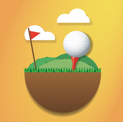 Golf ball on ground and red flag background vector 