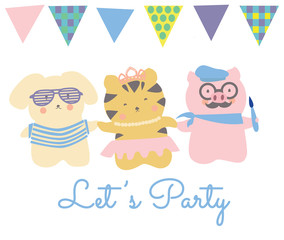 Cute little animal friends dog tiger and pig. Child drawings style vector. Text Let's party and bunting banners.