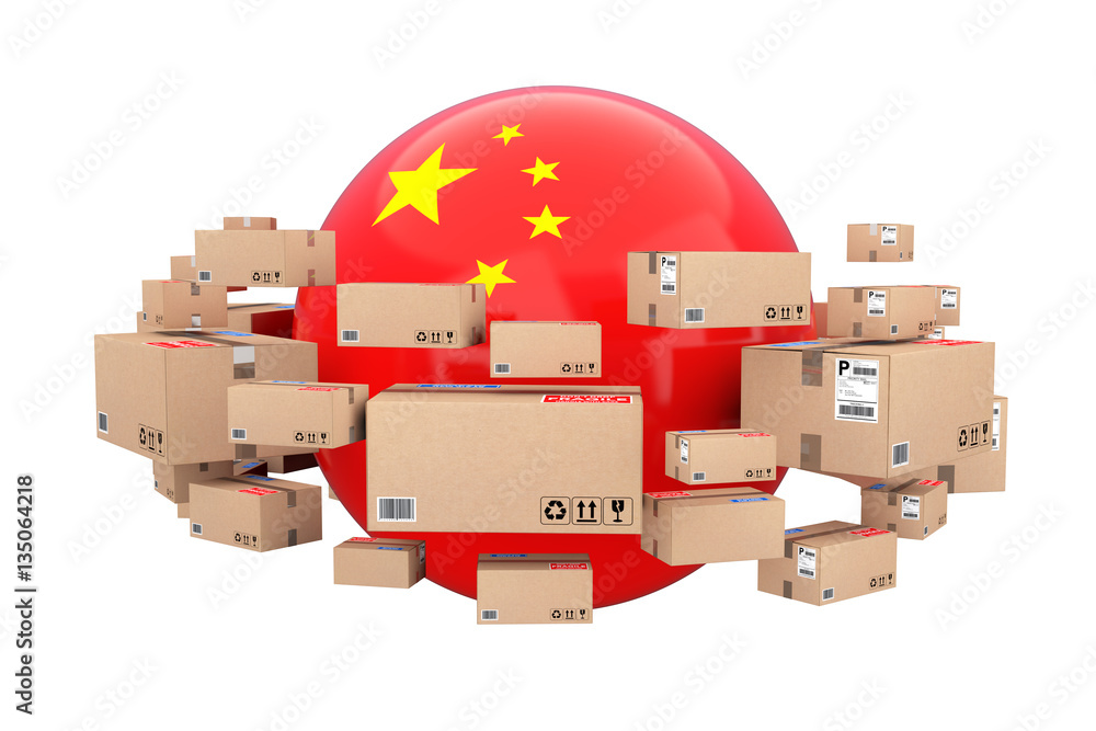Poster global shipping and logistic concept. sphere with china flag sur