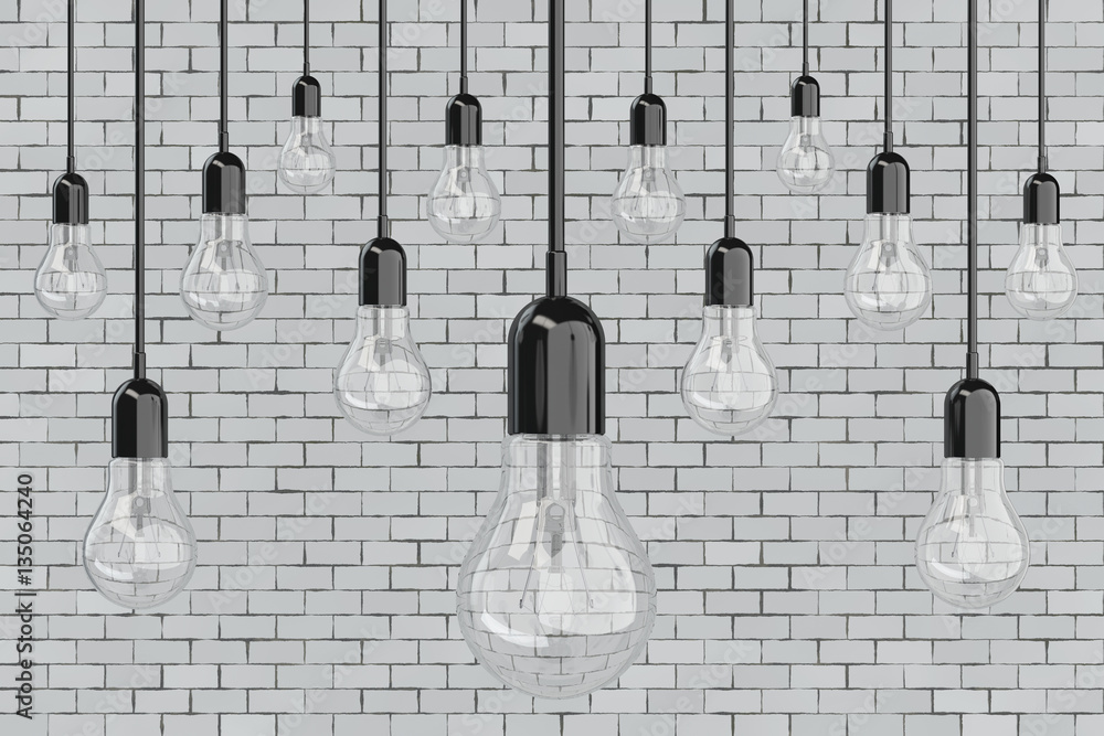 Aufkleber ideas concept. many light bulbs. 3d rendering