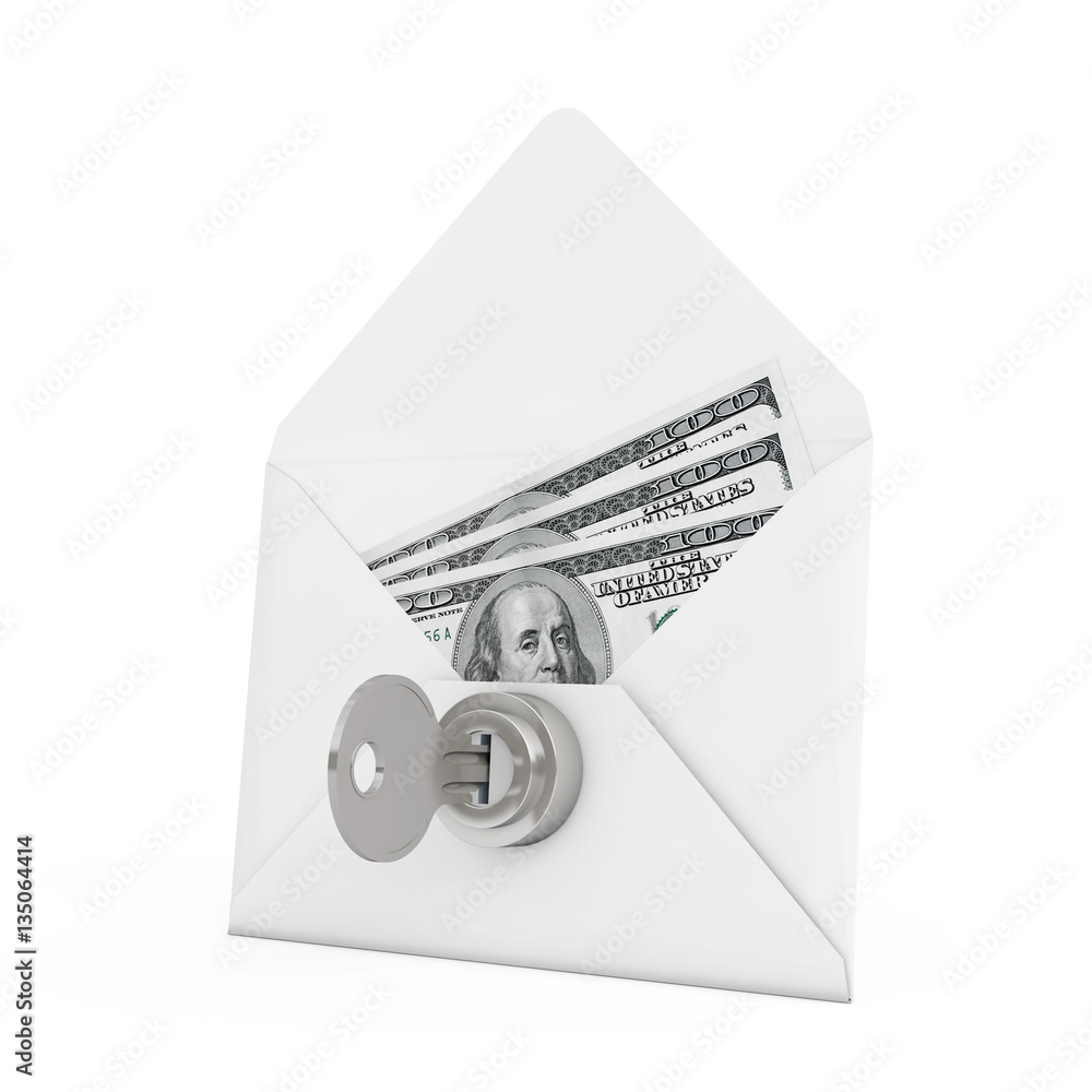 Poster Security Concept. Money in Envelope with Key and Keylock. 3d Ren