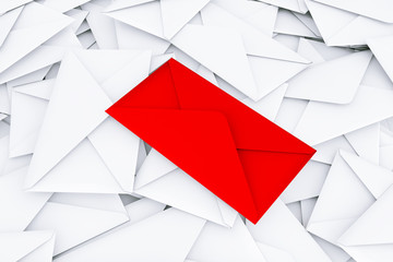 White Blank Envelope Letters Heap with Red One in Centre. 3d Ren