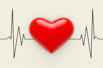 Red Heart on a Cardiogram Background. 3d Rendering