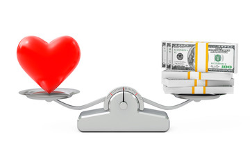 Heart with Money Balancing on a Simple Weighting Scale. 3d Rende