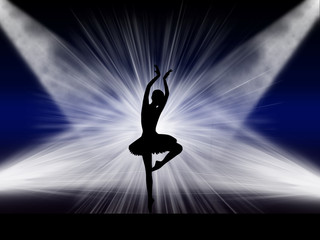 Ballet dancer silhouette performing ballet on the rich background light stage