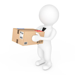 3d Small People Delivering a Cardboard Box. 3d Rendering