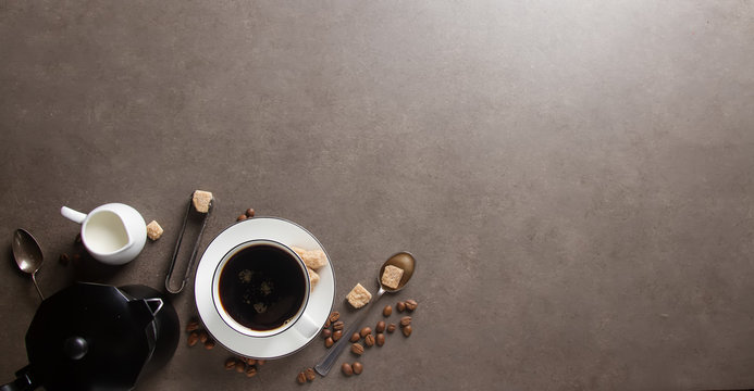 White Cup Of Hot Black Coffee With Milk And Sugar. Gray Backgrou