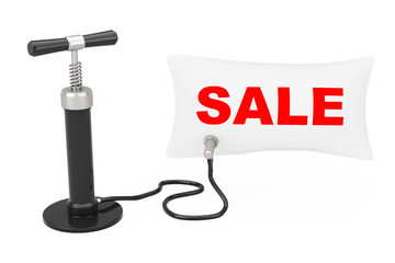 Black Hand Air Pump Inflates Balloon with Sale Sign. 3d Renderin