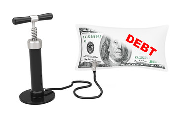 Black Hand Air Pump Inflates US Dollars Balloon with Debt Sign.