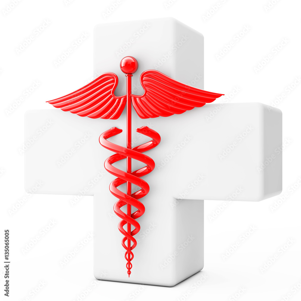 Poster Red Caduceus Symbol  in front of White Cross. 3d Rendering