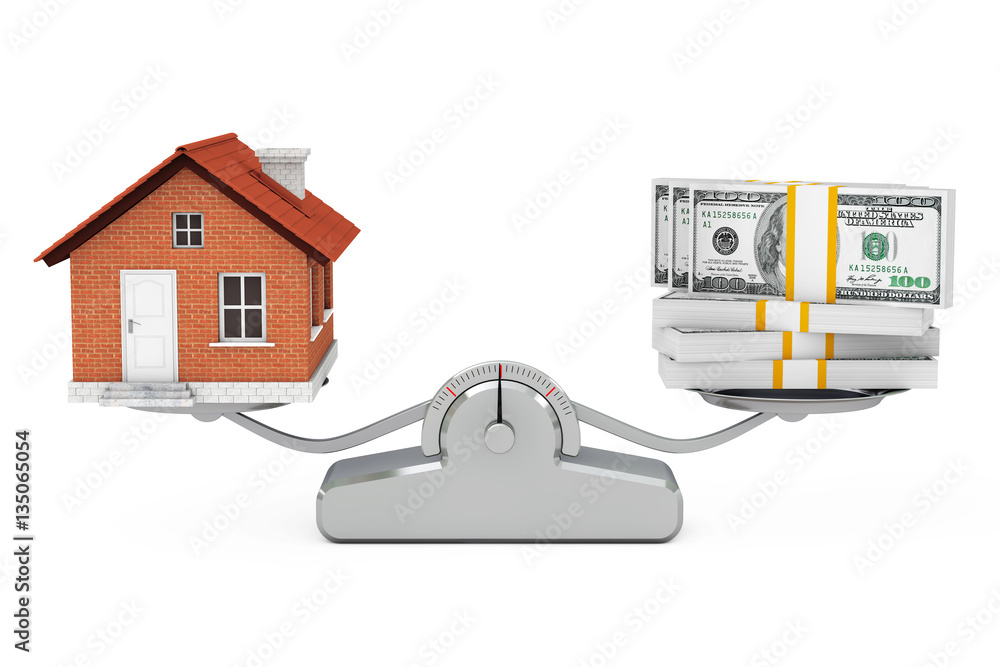 Poster House with Money Balancing on a Simple Weighting Scale. 3d Rende