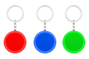 Blank Multicolour Round Metal Key Chain with Key Ring. 3d Render