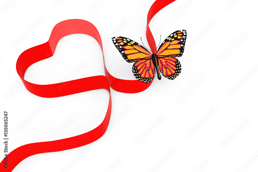 Aufkleber butterfly over red ribbon in shape of heart. 3d rendering