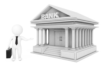 3d Businessman Characters Inviting in Bank Building. 3d Renderin