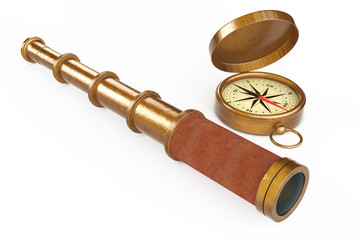 Golden Vintage Telescope Spyglass with Compass. 3d Rendering