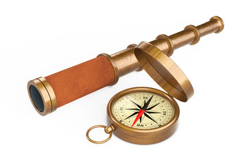Golden Vintage Telescope Spyglass with Compass. 3d Rendering © doomu