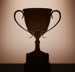 Champion Cup Trophy with backlight over Wall. 3d Rendering