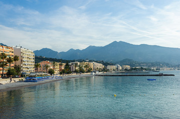 Fototapeta premium Panorama view of the coast of the Ligurian Sea. Menton, French Riviera, France.