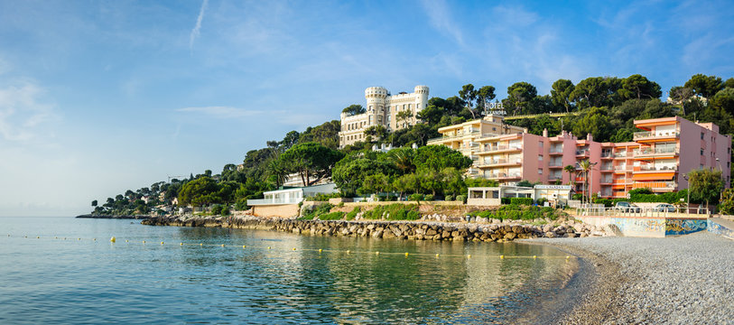 Panorama view of the coast of the Ligurian Sea. Menton, French Riviera, France.