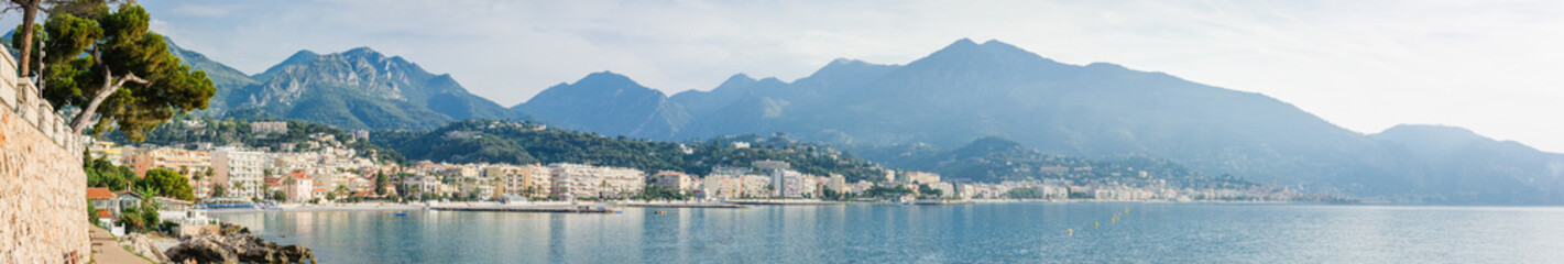 Fototapeta na wymiar Panorama view of the coast of the Ligurian Sea. Menton, French Riviera, France.
