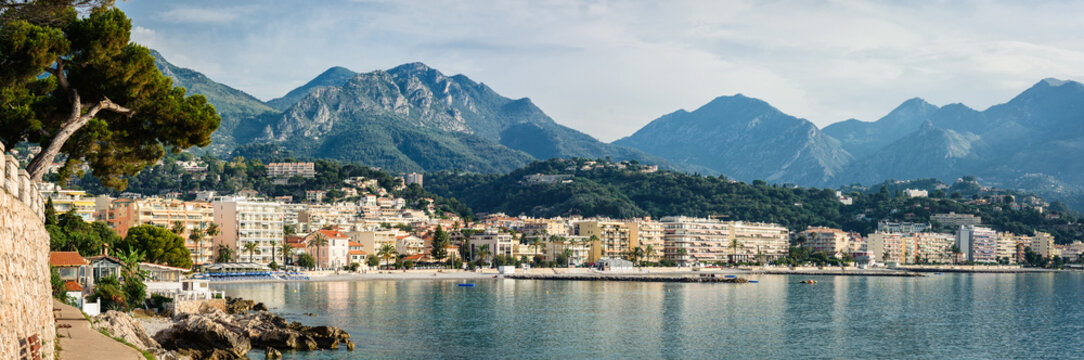 Panorama view of the coast of the Ligurian Sea. Menton, French Riviera, France.