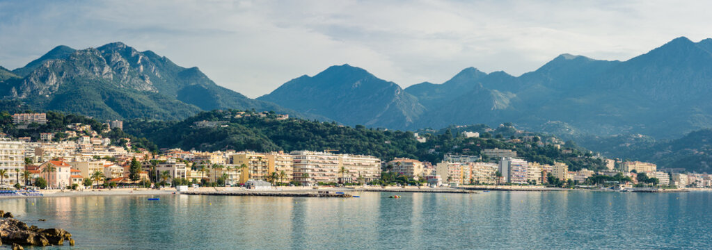 Panorama view of the coast of the Ligurian Sea. Menton, French Riviera, France.