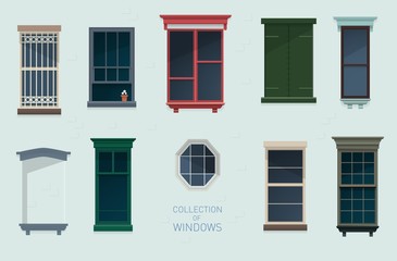 Collection of different vintage windows in flat style