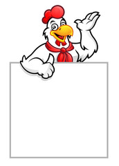 Rooster with blank sign, chicken mascot, chicken character. Vector of chicken character. 