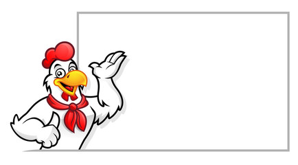 Rooster with blank sign, chicken mascot, chicken character. Vector of chicken character. 