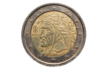 Obraz na płótnie Canvas European coin of Two euros, isolated on a white background. Macro picture of European coins closeup.