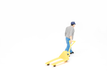 Miniature people delivery men concept on white background with a space for text