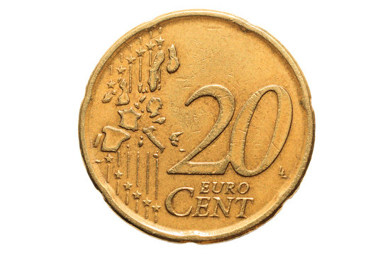 European coin with a nominal value of Twenty Euro cents isolated on white background. Macro picture of European coins closeup.