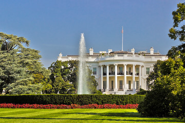 View of the South Fountain, semi-circular portico of the White House & it's South Lawn (Back Yard), Washington DC