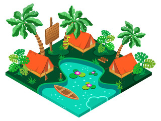 Holiday camp in a tropical forest. 3D isometric view. Vector illustration.