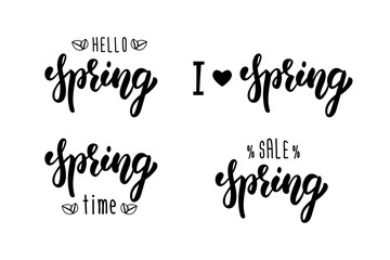 Spring hand lettering set. Summer typographic and calligraphic set. Spring logos and emblems. Vector
