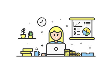 Fototapeta premium Vector illustration of color icon in flat line style. Graphic design concept of woman financial accountant.