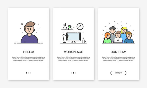 Vector Illustration of onboarding app screens and web concept design team for mobile apps in flat line style.