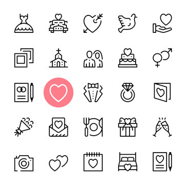 Vector wedding icons set. Premium quality graphic design. Marriage concepts. Modern signs, trendy symbols collection, simple thin line icons set for websites, web design, mobile app, infographics