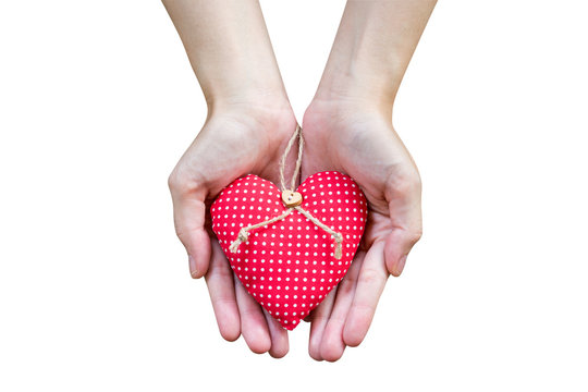 Close up hand woman holding heart on isolate white with clipping