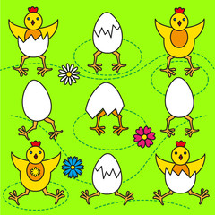 Funny Easter chicks and eggs set vector illustration