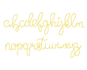 Obraz na płótnie Canvas Gold glitter script alphabet. Shiny brush calligraphy typeface