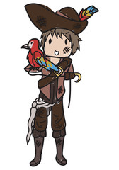 Doodle boy pirate with a parrot on his sleeve and a pirate hat